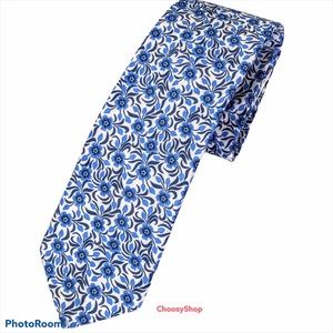 NWT TED BAKER Cotton White Blue Floral Skinny Tie